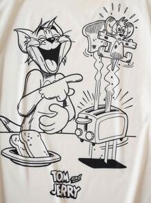 TOM & JERRY X SHEIN 大码男士夏季休闲可爱猫咪印花圆领短袖 T 恤，图案 T 恤