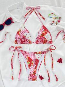 2pcs Floral Print Halter Neck Bikini Set For Summer Beach Vacation - Red - View 3