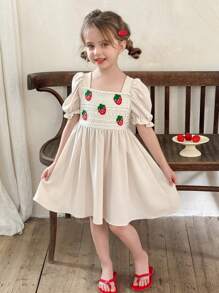 LMoss Kids Young Girls' Woven Solid Color Strawberry Print Slip Dress