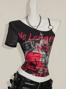 SHEIN ICON Women Y2k Going Out Dragon Print Asymmetrical Neckline Short Sleeve Fashionable T-Shirt,Everyday Wear