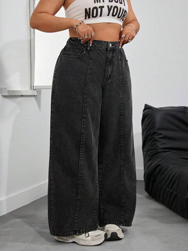 SHEIN PETITE CURVE Plus Size Casual Washed High Waist Wide-Leg Jeans