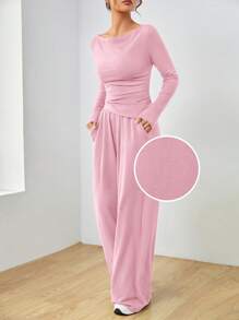 SHEIN EZwear Women's Spring & Autumn Casual Long Sleeve Blouse And Pants Set - Pink - View 3