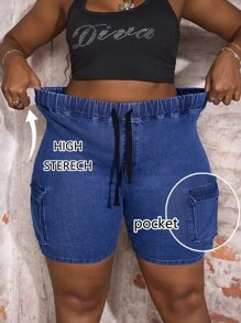 Slaydiva Quần short denim bó sát cạp cao gợi cảm tiện dụng cỡ lớn cho kỳ nghỉ hè phong cách cao bồi miền Tây dành cho phụ nữ công sở thường ngày lễ hội lễ tốt nghiệp tại sân bay ngày của mẹ vui vẻ - Màu xanh lam - Xem 1