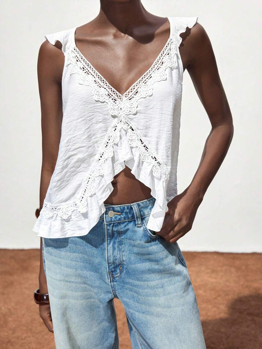 Maija 女士蕾丝装饰荷叶边无袖背心，适合度假、夏季假期、海滩外出、毕业典礼、休闲旅行、浪漫场合，时尚百搭；适合夏季度假、舒适、波西米亚风、海滩装、日常简约装、乡村风、必备单品、纯色、假日休闲、得体、单身女士、Y2K风格 - 白色 - 查看 1
