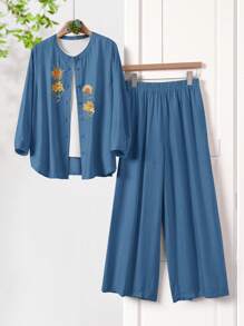 Rusticease 2pcs Women Summer Fashion Long Sleeve Shirt & Pants Set - Teal Blue - View 6