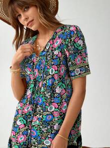 Wildy Vestido casual de verano corto con estampado bohemio, estilo de vacaciones y días festivos