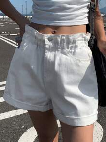 DAZY 女式宽松直筒度假翻边牛仔短裤 - 白色 - 查看 6