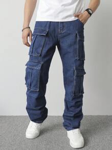 Manfinity Homme Men's Solid Color Multi-Pocket Casual Cargo Denim Jeans - Medium Wash - View 6