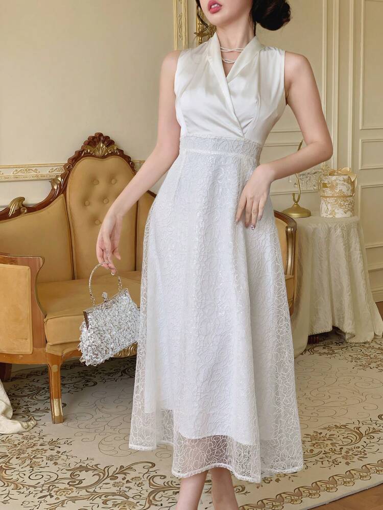 Women's Sleeveless Cross-Over Textured Elegant Solid Color Midi Dress For Party