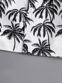 SHEIN Playful Pals 两件套幼儿婴儿男童度假绿色热带植物图案短袖衬衫松紧腰短裤套装，儿童服装。幼儿服装，幼儿衬衫，幼儿短裤，婴儿套装，6个月-3岁 - 黑與白 - 查看 8