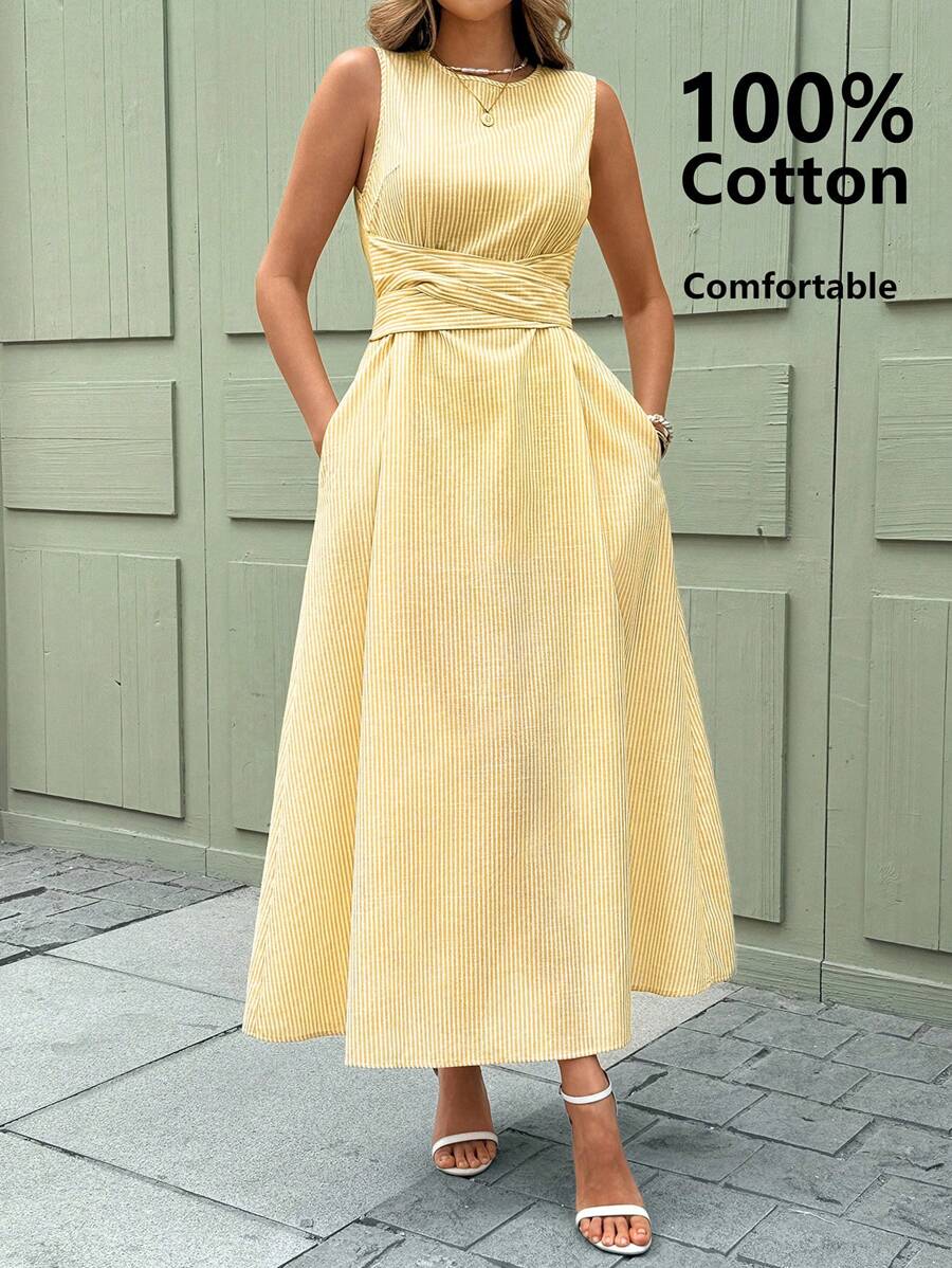 SHEIN Clasi 女士时尚优雅圆领宽松束腰口袋条纹连衣裙，夏季连衣裙