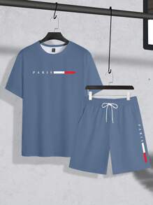 Manfinity Homme 2pcs/Set Plus Size Men Letter Print Round Neck Short Sleeve T-Shirt And Drawstring Waist Shorts, Casual Outfit Mens 2 Pieces Sets Men S 2 Pieces Outfit Two Pieces Set For Men