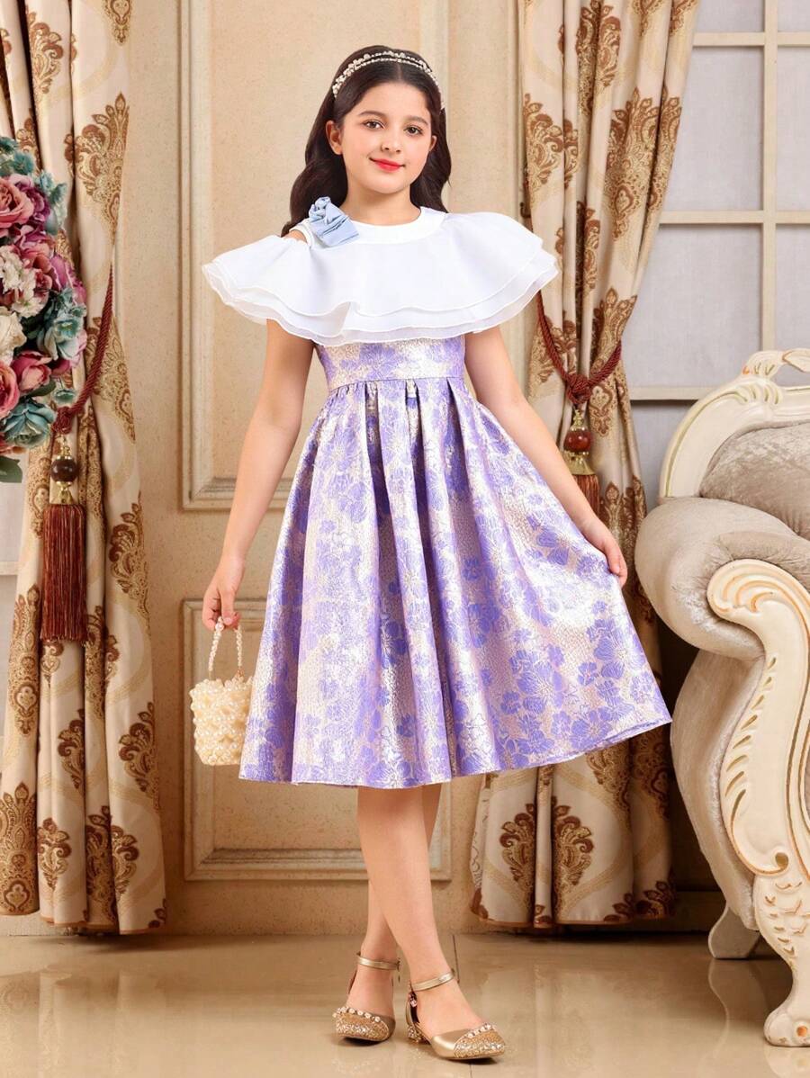 SHEIN Tween Girls Floral Jacquard Ruffle Asymmetrical Collar Fashion Dress - Multicolor - View 1