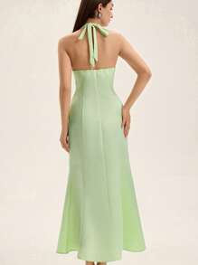 Femmeiva Sleeveless Single-Breasted Dress With Fishtail Hem For Women Elegant FashionableOld Money Style  For Summer Spring Fall Autumn - Green - View 3
