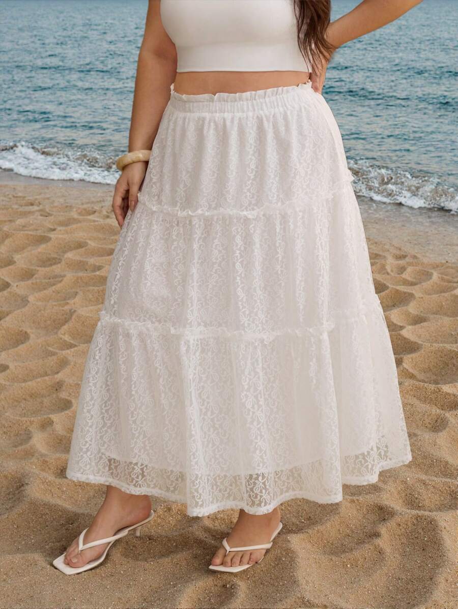 SHEIN MOD 大码女式荷叶边下摆蕾丝拼布波西米亚风格半身裙，蕾丝裙，白色
