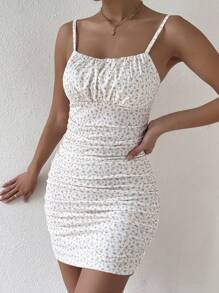 Breezaya Ditsy Floral Ruched Bodycon Dress Vacation Beach Outfits Women - Yellow - View 7