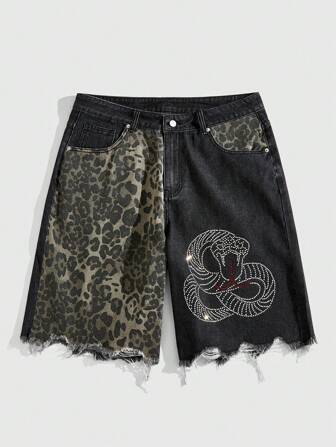 Street Life Herren Leoparden Muster Relaxed Fit Lässig Denim Shorts mit Taschen