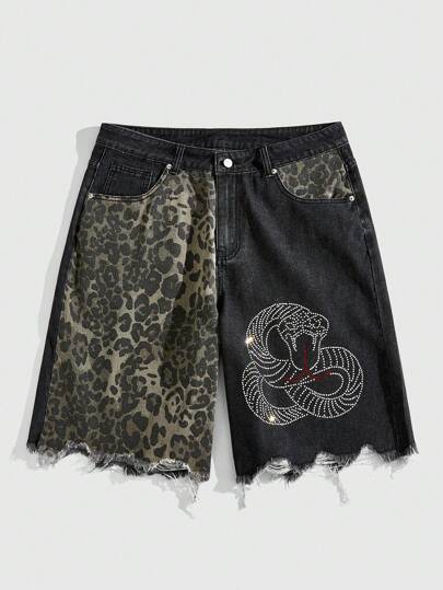Street Life Men's Street Leopard Snake Pocketed Relaxed Fit Casual Denim Shorts, Halloween