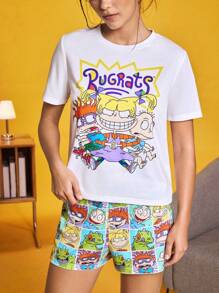 Nick 90s X SHEIN Conjunto de pijama de verano para mujer con top de manga corta y shorts con diseño de patrones de dibujos animados lindos