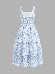 SHEIN Girlism Tween Girls Ditsy Floral Strap Long Dress, Casual Summer Vacation Outfit