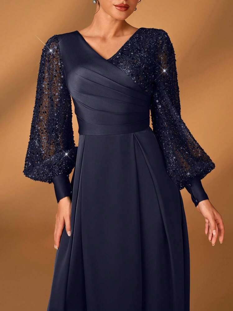serin elegant dresses Serin Women's Navy Blue Winter Formal Elegant Evening Formal Glitter Sequins & Satin Mixed Lantern Sleeve V-Neck Pleated A-Line Dress For Wedding