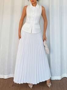 Chiquease 2pcs/Set Women's Spring Elegant Sleeveless Pleated Dress - White - View 6