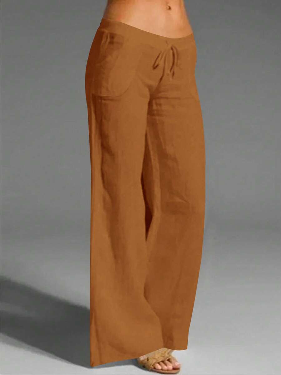 Chiquease Pantalones largos casuales de lino blanco con bolsillo para mujer, pantalones de verano para mujer primavera/verano - Marrón - Ver 1