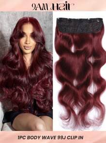1 件勃艮第红色夹式波浪真人发片 99J 厚接发，适合女孩假发，柔软蓬松波浪，5 夹双纬夹式接发