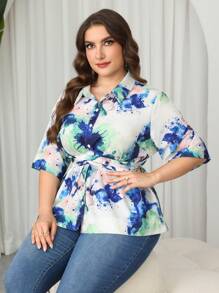 Modelyn 大码扎染花卉印花交叉裹身衬衫 - 彩色 - 查看 7