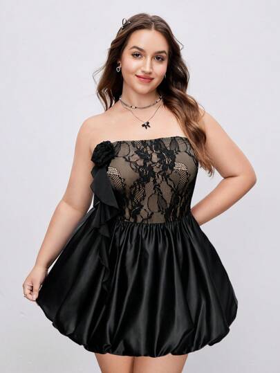 SHEIN MOD Plus Size Women Lace Ruffles Fitted Princess Romper Dress, Sexy Lace Patchwork Floral Bandeau Jumpsuit,Gothic,Club Dress,