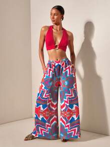 Zivah Ring Linked Halter Top & Allover Print Pants Bikini Set ,Country Concert Outfit - Red - View 5
