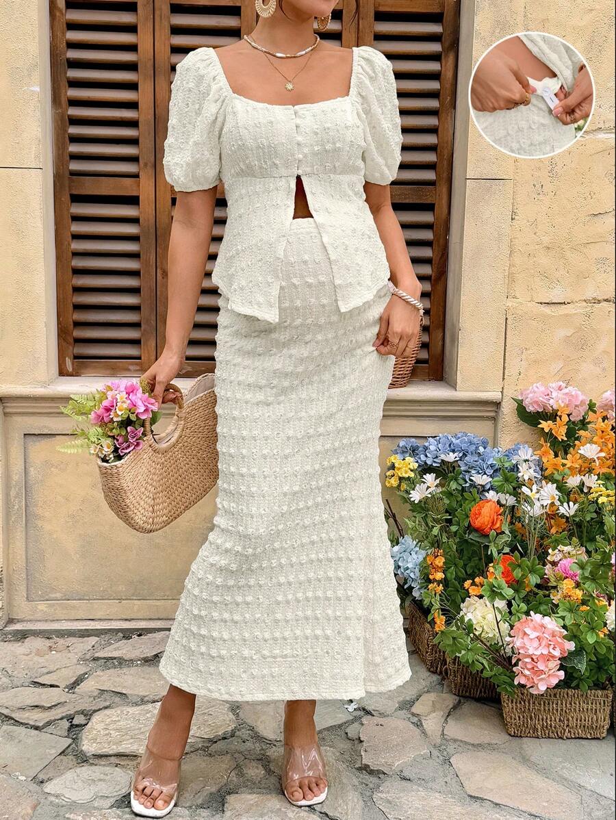 SHEIN 孕妇两件套套装 孕妇两件套套装 鱼尾裙 泡泡袖 奶油黄 度假装 奶油黄 - 杏色 - 查看 1