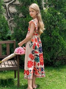 SHEIN LMoss Kids 女童碎花方领荷叶边下摆休闲连衣裙 - 黑與白 - 查看 2