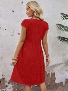 EMERY ROSE Women's Spring/Summer Solid Ruffle Hem Round Neck Short-Sleeve Dress,Dresses For Women Summer - Red - View 3