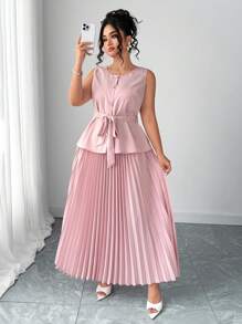 Elenzga Conjunto plus size de 2 peças: camisa minimalista de cor sólida, sem mangas, com botões + saia plissada em A, traje feminino casual de verão para negócios com laço elegante, vestidos formais para convidadas de casamento - Rosa - Ver 1