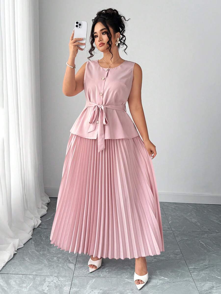 Elenzga Conjunto plus size de 2 peças: camisa minimalista de cor sólida, sem mangas, com botões + saia plissada em A, traje feminino casual de verão para negócios com laço elegante, vestidos formais para convidadas de casamento - Rosa - Ver 1