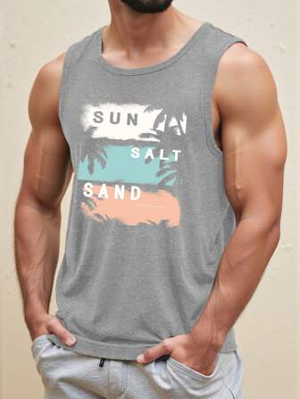 Manfinity Chillmode Fashionable Casual Young Vacation Palm Tree & Letter Graphic Printed Light Gray Tank Top For Men, Suitable For Outdoor Vacation, Dating, Party Essential Piece, Matching Couple Outfits, Gift For Boyfriend, Summer