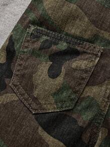 SHEIN 男婴秋冬街头风做旧休闲柔软可爱蓝色牛仔字母贴布翻盖口袋宽松宽松牛仔背带连体衣，新品上市，男童返校服装，婴儿街头服饰套装 - 軍綠色 - 查看 4