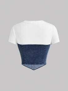SHEIN MOD MOD Women White Knitted Patchwork Blue Denim Round Neck Short Sleeve Cropped Top,Summer Top