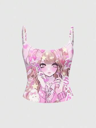 Anime Camiseta de tirantes sexy de mujer con estampado de personaje de anime lindo, diseño de lazo rosa y piruleta