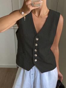 DAZY Women's Solid Color Fitted V-Neck Sleeveless Blazer Linen,Fall Clothes Business Attire - Dark Grey - View 3