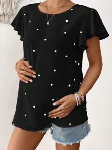 SHEIN Maternity Heart Print Round Neck Ruffle Short Sleeve Casual Blouse, Summer - Black - View 3