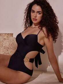 Swim Chiccia 纯色钢架聚拢前细肩带高开叉金属装饰女式夏季海滩度假连体泳衣 - 黑色 - 查看 2