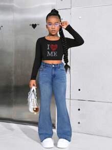 SHEIN Tween Girl Y2K Fashionable Casual Flare Leg Jeans Star Pattern With Rhinestones, Fall Clothes Back To School - Light Wash - View 3