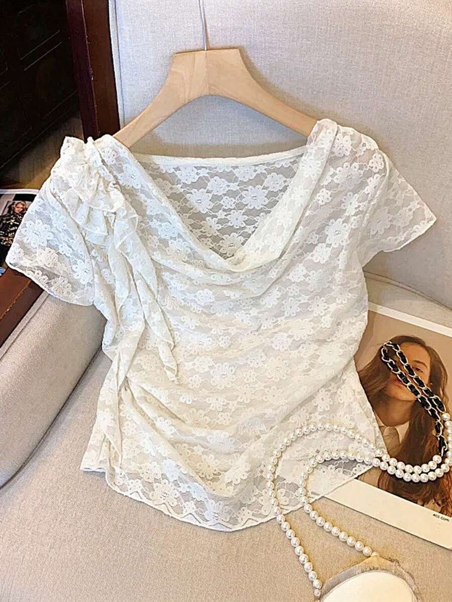 SHEIN Clasi New Elegant Lace White Puff Collar Fitted Women Short Sleeve T-Shirt - Beige - View 1