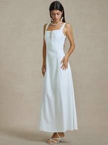 Briarwyn 女士纯色梭织修身连衣裙，夏季女士优雅连衣裙，婚礼宾客礼服，女士沙滩装，女士度假装，7 月 4 日 - 白色 - 查看 4