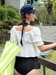 DAZY Women's Hollow-Out Lace-Up Beach Cover-Up, Spring/Summer Vacation - White - View 6