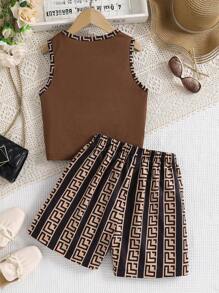 Conjunto casual de 2 piezas para niñas, top ajustado de tirantes con cuello redondo y shorts con cintura elástica y estampado geométrico, para verano