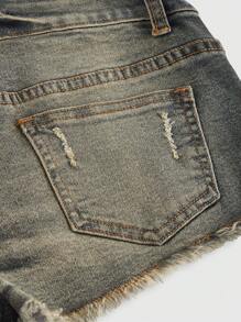 ROMWE Grunge Punk Y2K Style Flag Rhinestone Ripped Vintage Wash Super Low Waist Denim Shorts - Blue - View 4