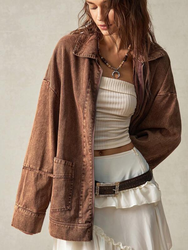 Bohemela Women's Long Sleeve Stand Collar Pocket Jacket
